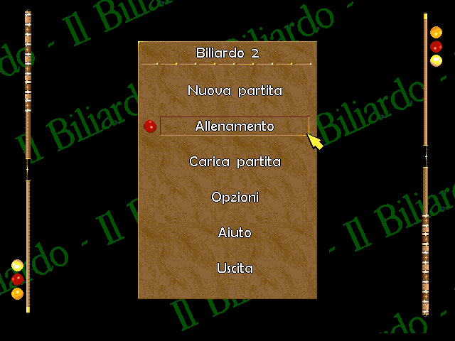 Il menu iniziale di Biliardo 2: Nuova partita, Allenamento, Carica partita, Opzioni, Aiuto, Uscita, su un pannello di legno
