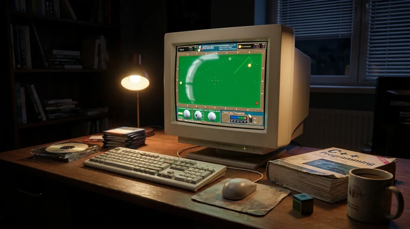 Una scrivania di fine anni Novanta di notte: un monitor CRT beige con un gioco di biliardo sul tavolo verde, tastiera, mouse a pallina, floppy disk, un CD, un manuale di programmazione, una tazza e un gessetto blu, illuminati da una lampada